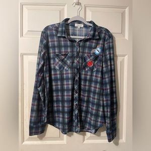Urban Girl Appliqué Embellished Button Down Plaid Flannel Shirt Women’s Large